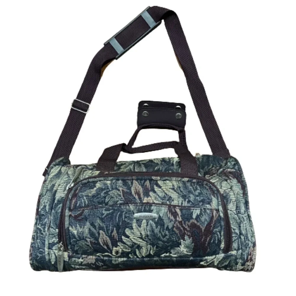 Pierre Cardin Floral Print Tapestry Duffle Bag Travel Vintage Green Brown